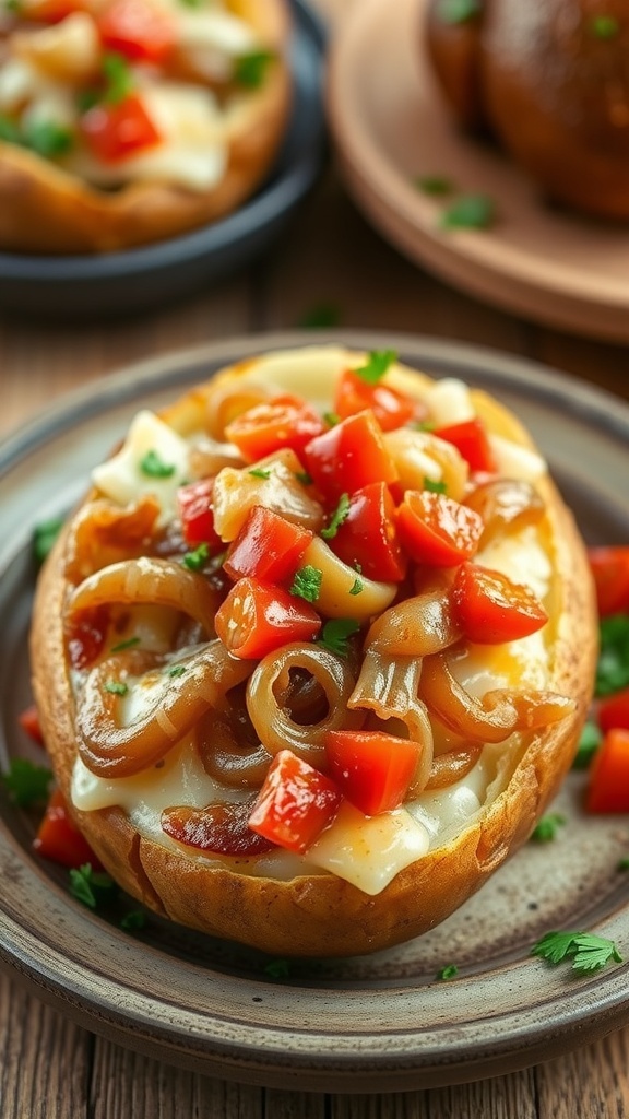 A baked potato topped with caramelized onions, tomatoes, and melted cheese, garnished with parsley.